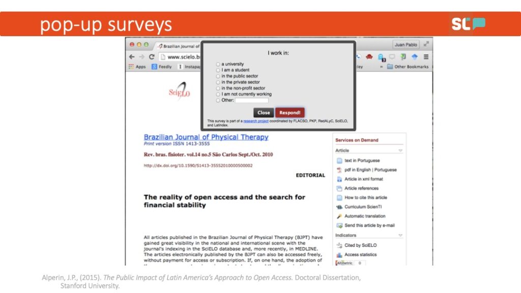An example pop-up survey from Juan Alperin's doctoral research on the public impact of Latin America's approach to open access. 
