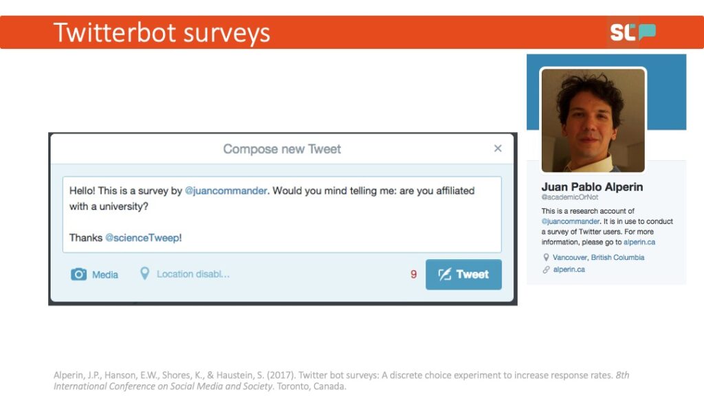 A pop-up Twitter bot survey asking the question: "Would you mind telling me: are you affiliated with a university?"